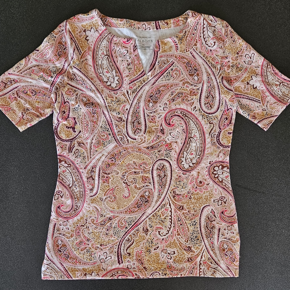 Talbots Pink and Brown Short Sleeve Fitted Blouse